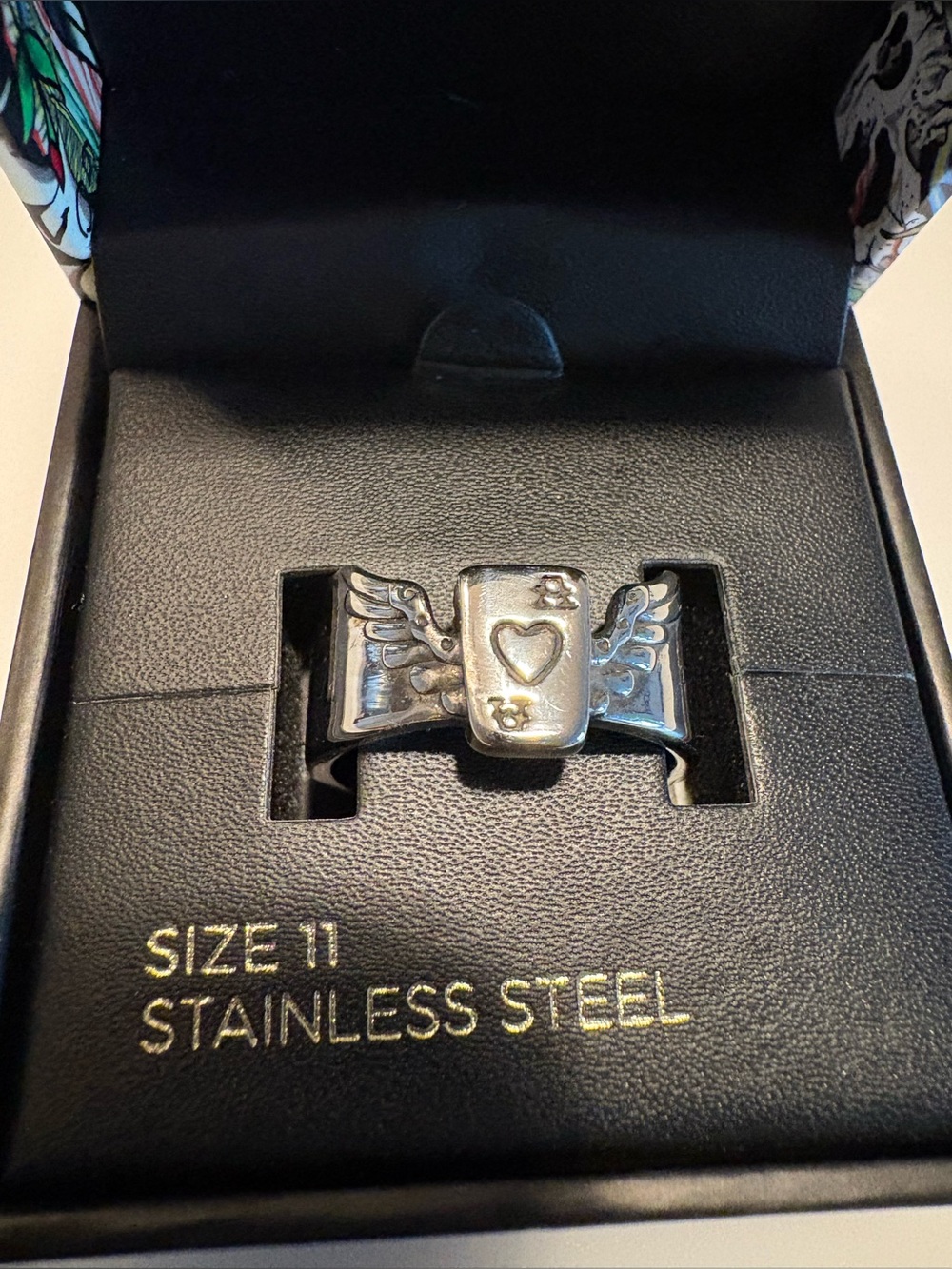 Ed Hardy Men Stainless Steel Ace Winged Heart Stainless Steel Ring size 11